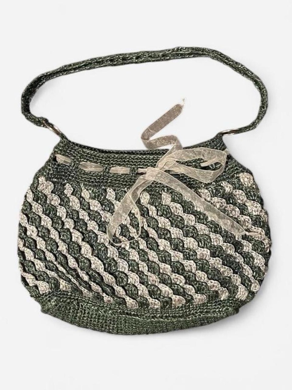 Vintage Handmade Green and Cream Crochet Shoulder Bag with Ribbon Accent